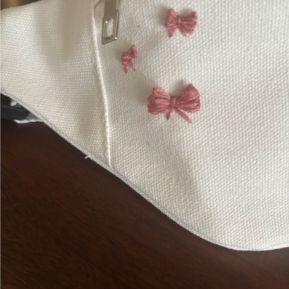 White Belt Bag with Hand Embroidered Pink Bow Accents - Picture 2 of 3